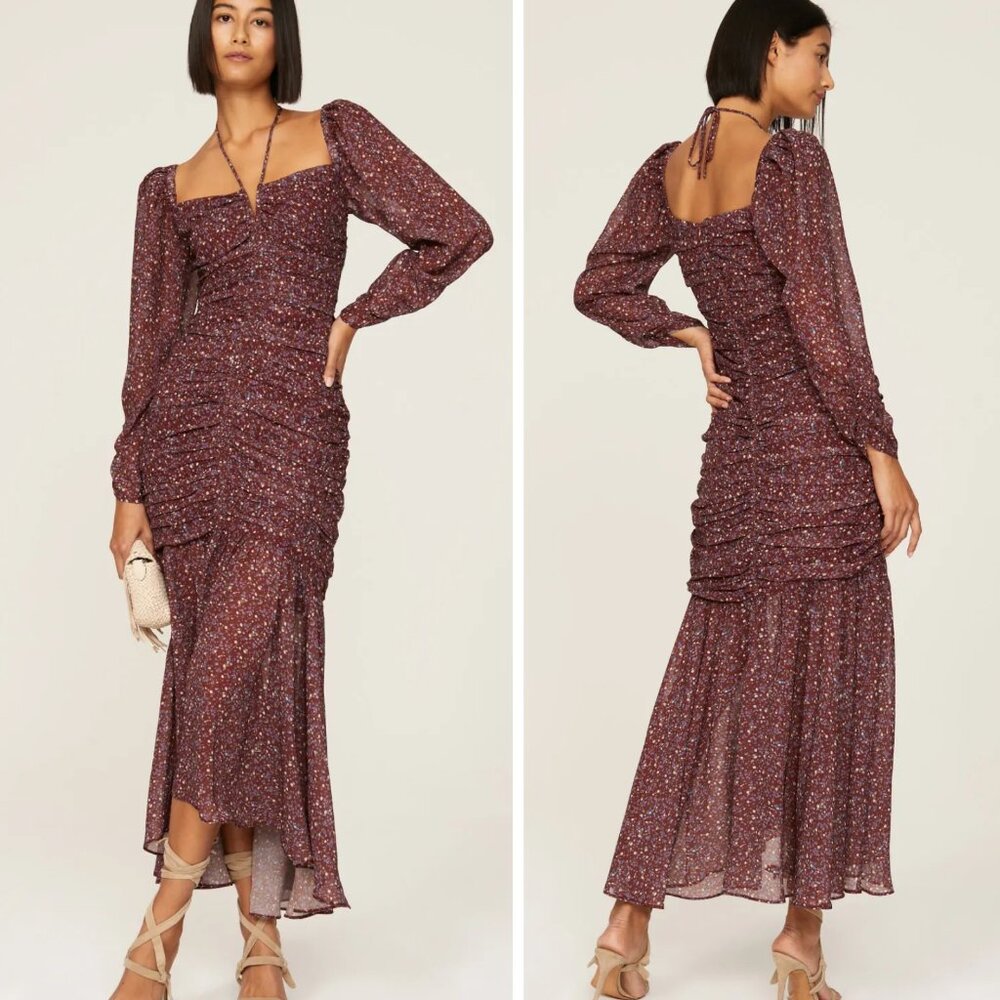ASTR the Label Athena Ruched Long Sleeve Ruffle Trim Maxi Dress, small